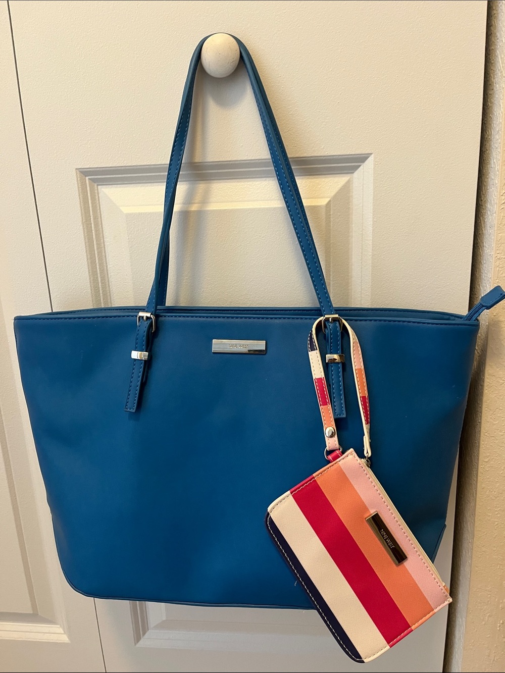 Nine West Blue Tote with Multicolor Striped Wristlet